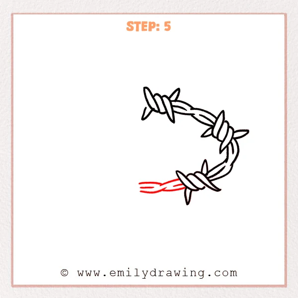 how to draw a barbed wire - Step 5: The bottom section of the barbed wire extends left with subtle twist texture lines.